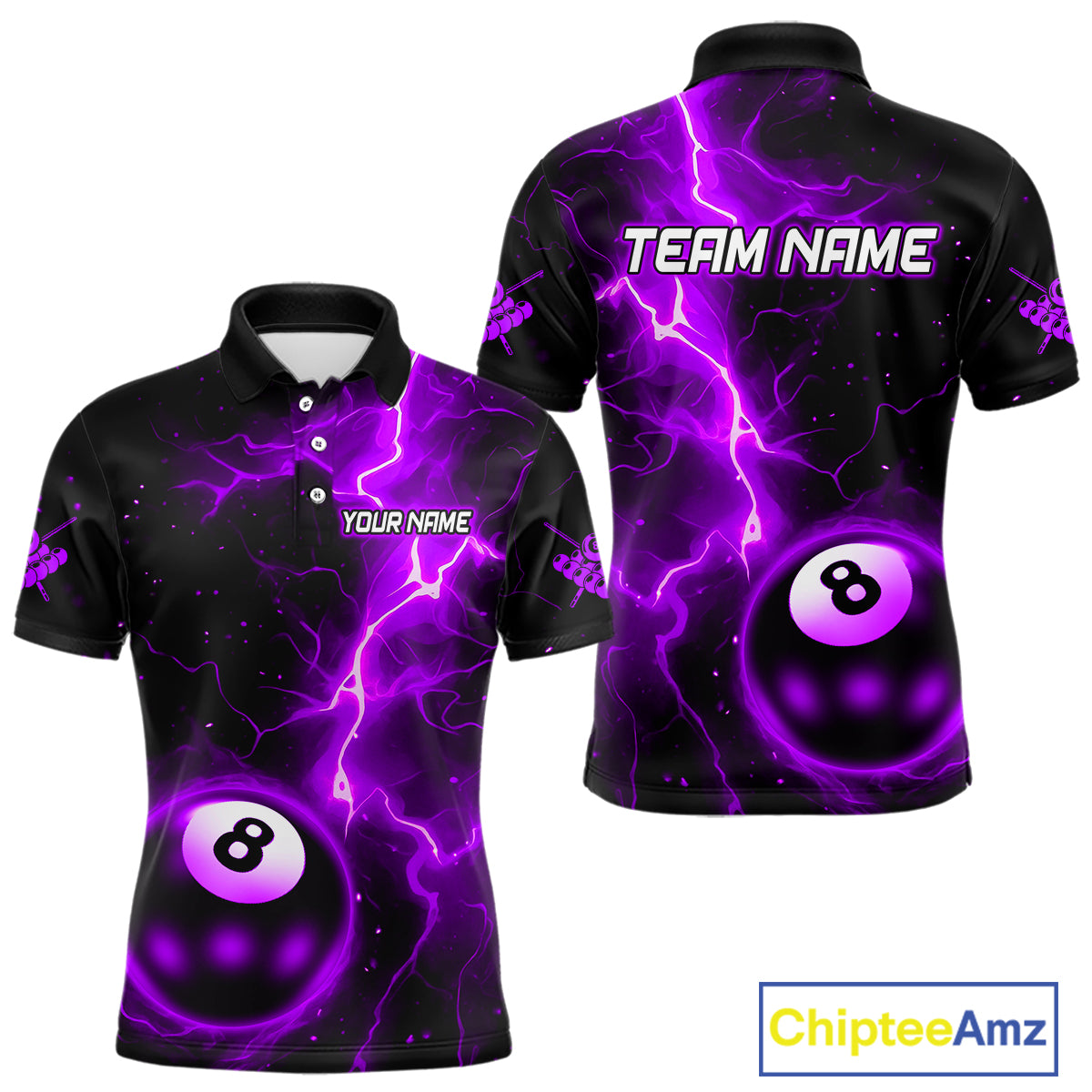 Purple And Black 8 Ball Striking Thunder Lightning Billiard Shirt For Men Custom Pool Team Jerseys TDM4390