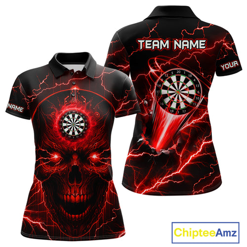 Personalized Red Darts Skull Shirt For Women Custom Polo & 1/4 Zip Lightning Thunder Darts Jersey TDM4621