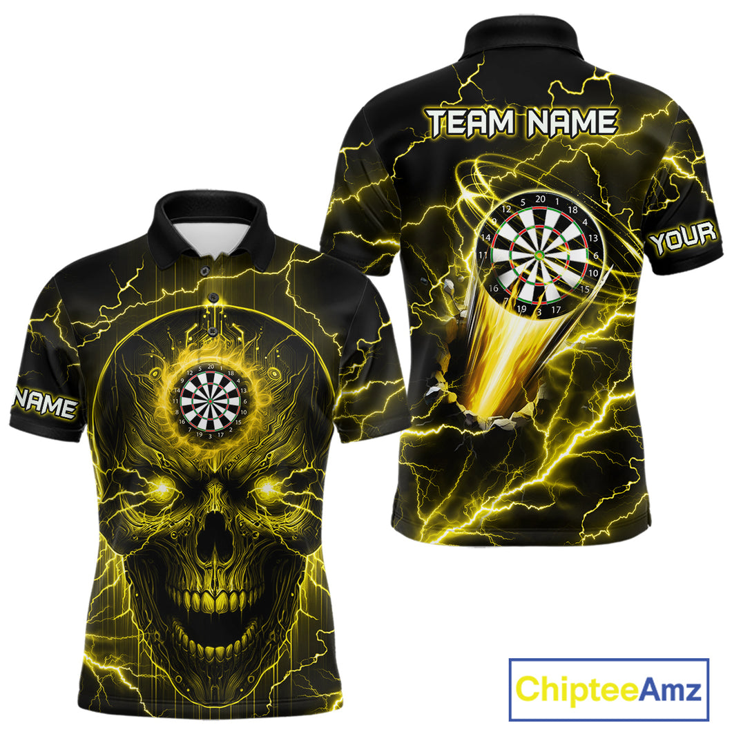 Personalized Yellow Darts Skull Shirt For Men Custom Polo & 1/4 Zip Lightning Thunder Darts Jersey TDM4622