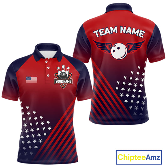 American Flag Bowling Jersey For Men Custom Patriotic Bowling Shirt Team Polo & 1/4 Zip |Red TDM5970