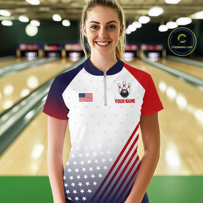 American Flag Bowling Jersey For Women Custom Patriotic Bowling Shirt Team Polo & 1/4 Zip |White TDM5971