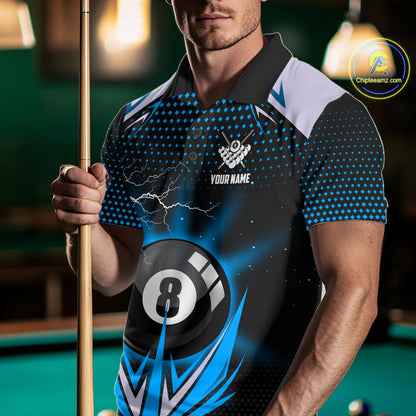 Blue 8 Ball Pool Billiard Jersey For Men Custom Lightning Billiard Team Shirt Polo & Quarter Zip TDM6135