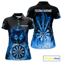 Load image into Gallery viewer, Custom Wolf Dart Shirts For Women – Fire Flame Dartboard Darts Team Jerseys Polo &amp; Quarter Zip |Blue TDM4043