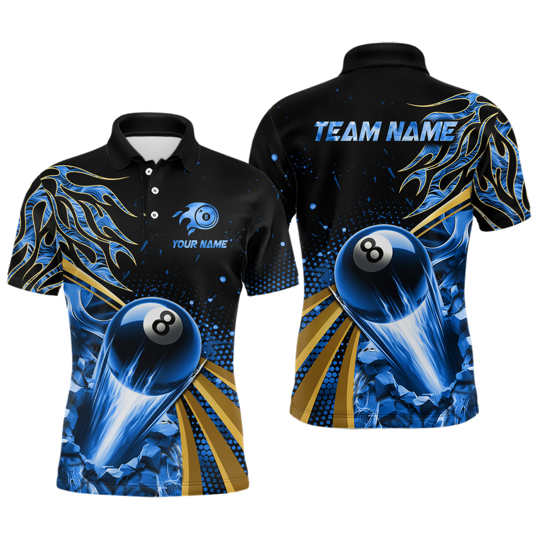 Flaming 8 Ball Pool Crack Billiard Shirts For Men Custom Pool Billiard Shirt Team Jerseys |Blue TDM3044