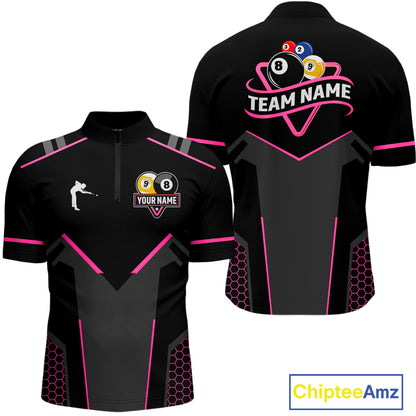 Personalized 8 Ball & 9 Ball Pool Billiard Polo, 1/4 Zip For Men Custom Team Billiard Jersey|Pink TDM4048