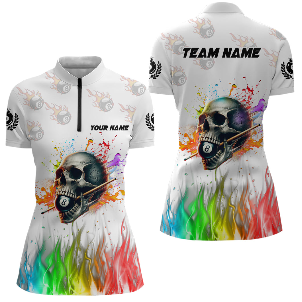 Funny Billiard Colorful Skull Personalized Women Quarter-Zip Shirts Billiard Attire For Team TDM1124