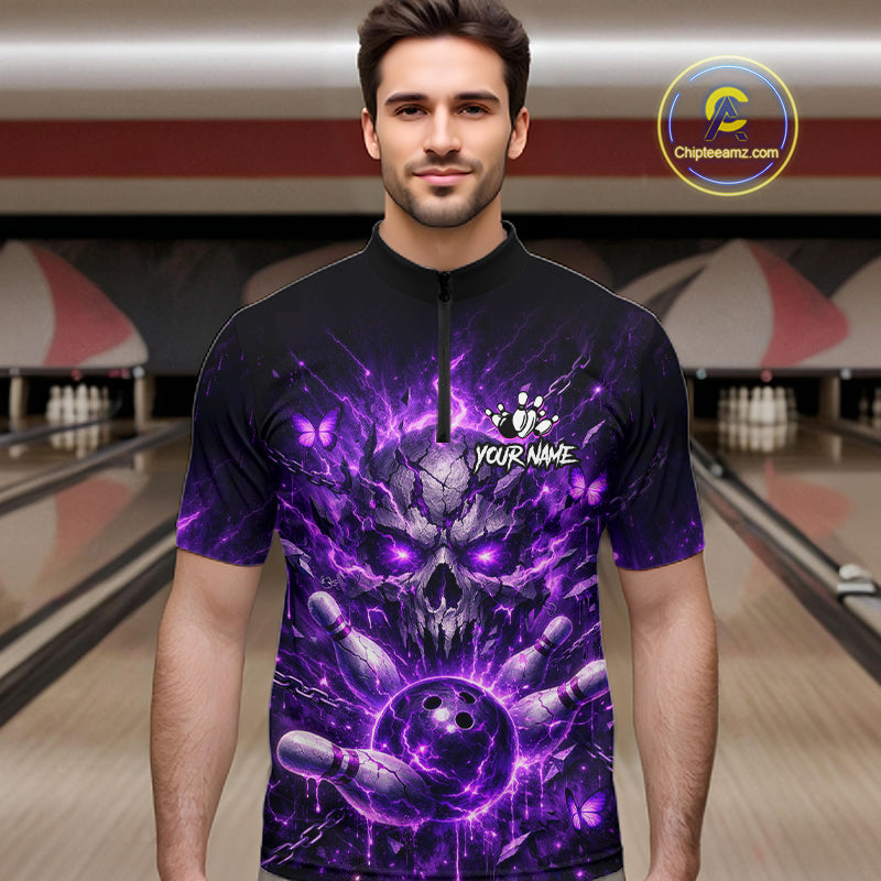 Personalized Purple Butterfly Skull Bowling Shirt For Men Custom Bowling Jersey Polo & 1/4 Zip TDM6383