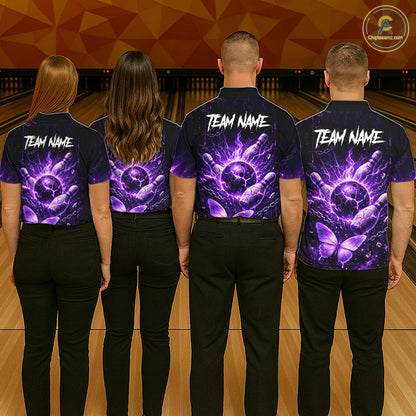 Personalized Purple Butterfly Skull Bowling Shirt For Women Custom Bowling Jersey Polo & 1/4 Zip TDM6383