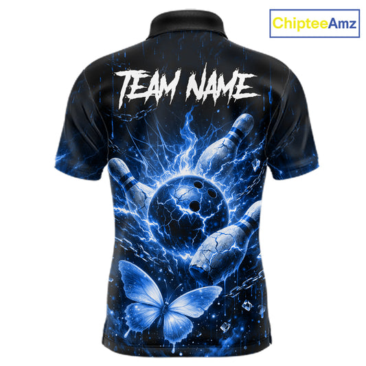 Personalized Blue Butterfly Skull Bowling Shirt For Men Custom Bowling Jersey Polo & 1/4 Zip TDM6384