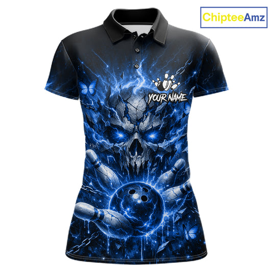 Personalized Blue Butterfly Skull Bowling Shirt For Women Custom Bowling Jersey Polo & 1/4 Zip TDM6384