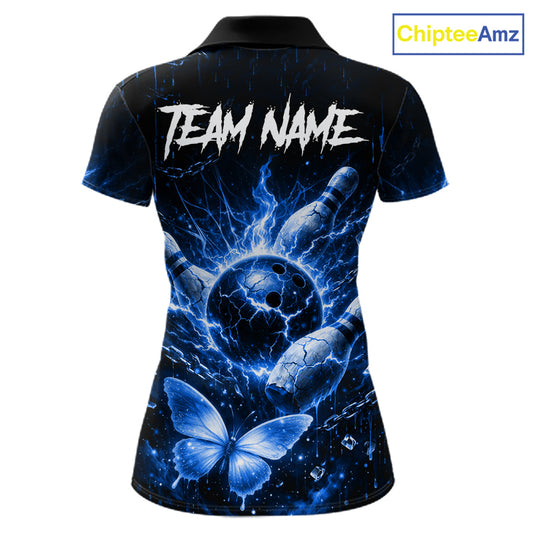Personalized Blue Butterfly Skull Bowling Shirt For Women Custom Bowling Jersey Polo & 1/4 Zip TDM6384