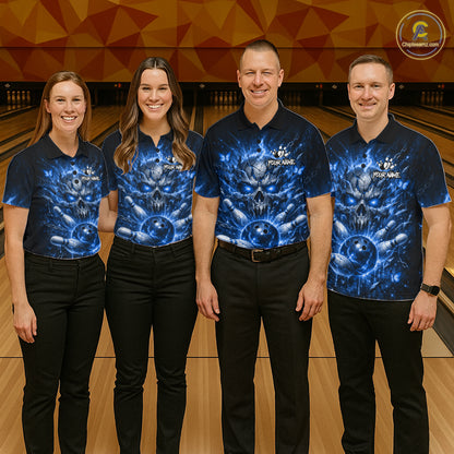 Personalized Blue Butterfly Skull Bowling Shirt For Women Custom Bowling Jersey Polo & 1/4 Zip TDM6384