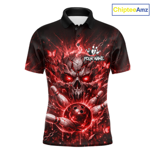 Personalized Red Butterfly Skull Bowling Shirt For Men Custom Bowling Jersey Polo & 1/4 Zip TDM6385