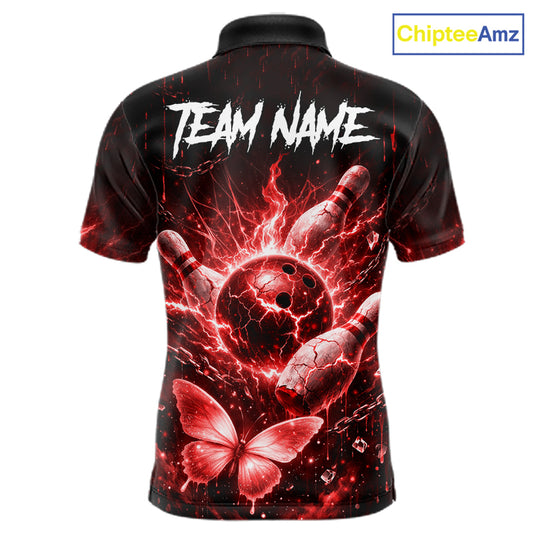 Personalized Red Butterfly Skull Bowling Shirt For Men Custom Bowling Jersey Polo & 1/4 Zip TDM6385