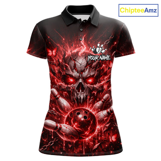 Personalized Red Butterfly Skull Bowling Shirt For Women Custom Bowling Jersey Polo & 1/4 Zip TDM6385