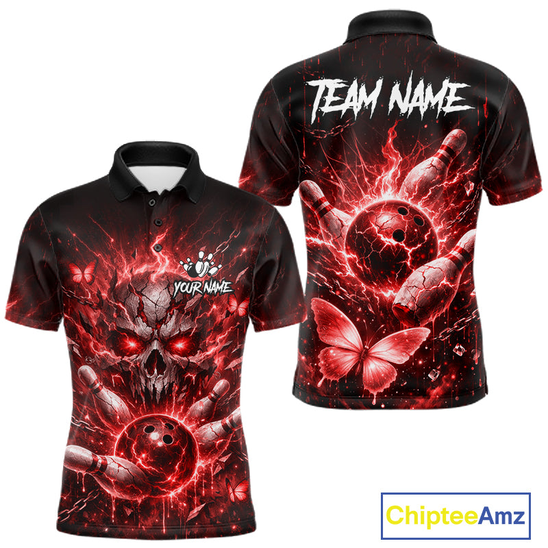 Personalized Red Butterfly Skull Bowling Shirt For Men Custom Bowling Jersey Polo & 1/4 Zip TDM6385