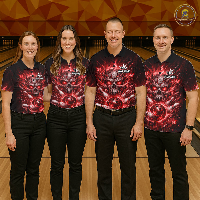 Personalized Red Butterfly Skull Bowling Shirt For Women Custom Bowling Jersey Polo & 1/4 Zip TDM6385