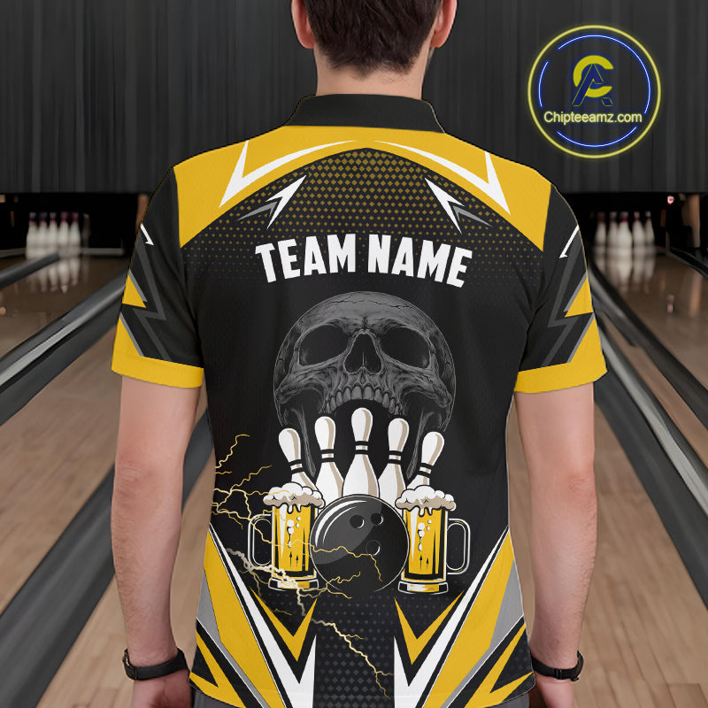 Yellow Black Funny Beer Skull Bowling Shirt For Men Custom Bowling Team Jersey Polo & 1/4 Zip TDM6388