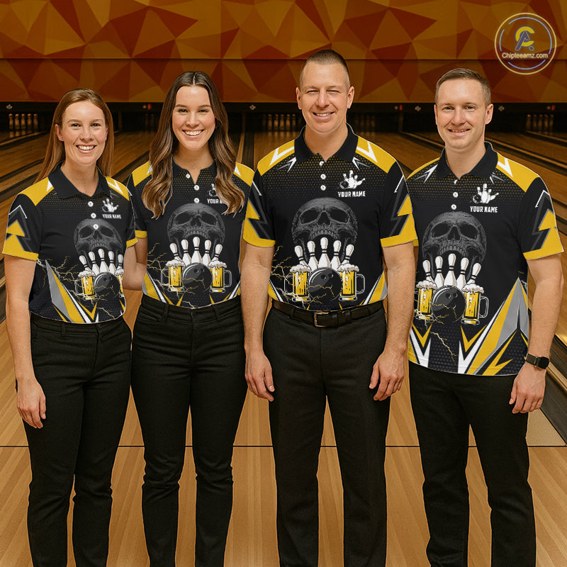 Yellow Black Funny Beer Skull Bowling Shirt For Women Custom Bowling Team Jersey Polo & 1/4 Zip TDM6388
