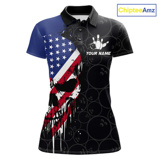 Custom American Flag Skull Bowling Jersey For Women, Patriotic Bowling Team Shirt Polo & 1/4 Zip TDM6389