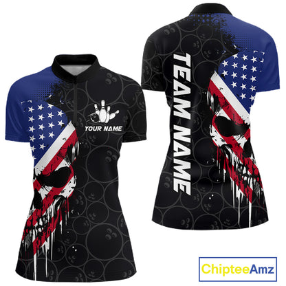 Custom American Flag Skull Bowling Jersey For Women, Patriotic Bowling Team Shirt Polo & 1/4 Zip TDM6389
