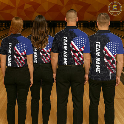 Custom American Flag Skull Bowling Jersey For Women, Patriotic Bowling Team Shirt Polo & 1/4 Zip TDM6389