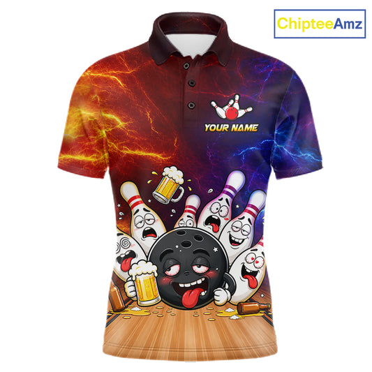 Custom lightning drunk bowling balls and pins bowling team jersey polo shirt for men featuring funny beer bowling balls and pins artwork, premium custom bowling league apparel.