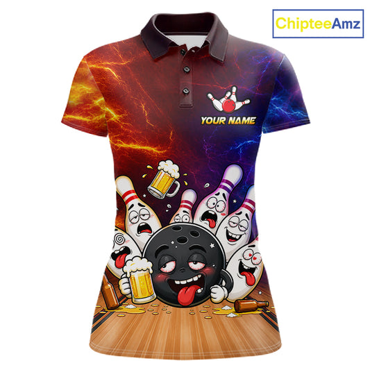 Custom lightning drunk bowling balls and pins bowling team jersey polo shirt for women featuring funny beer bowling balls and pins artwork, premium custom bowling league apparel.
