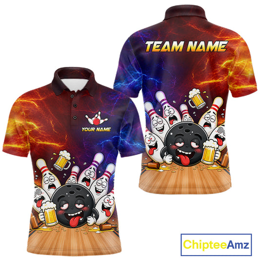 Custom lightning drunk bowling balls and pins bowling team jersey polo shirt for men featuring funny beer bowling balls and pins artwork, premium custom bowling league apparel.