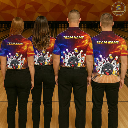 Bowling team wearing matching custom lightning drunk bowling balls and pins bowling team jerseys, back view.