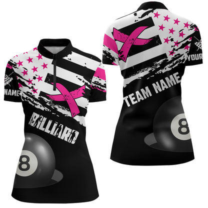Customized Billiard Breast Cancer Flag Shirts For Women, Black And Pink Ribbon 8 Ball Billiard Jersey TDM2316