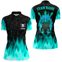 Load image into Gallery viewer, Fire Flame Skull Womens Darts Polo &amp; Quarter Zip Shirt Custom Scary Darts Team Jerseys | Turquoise TDM2552