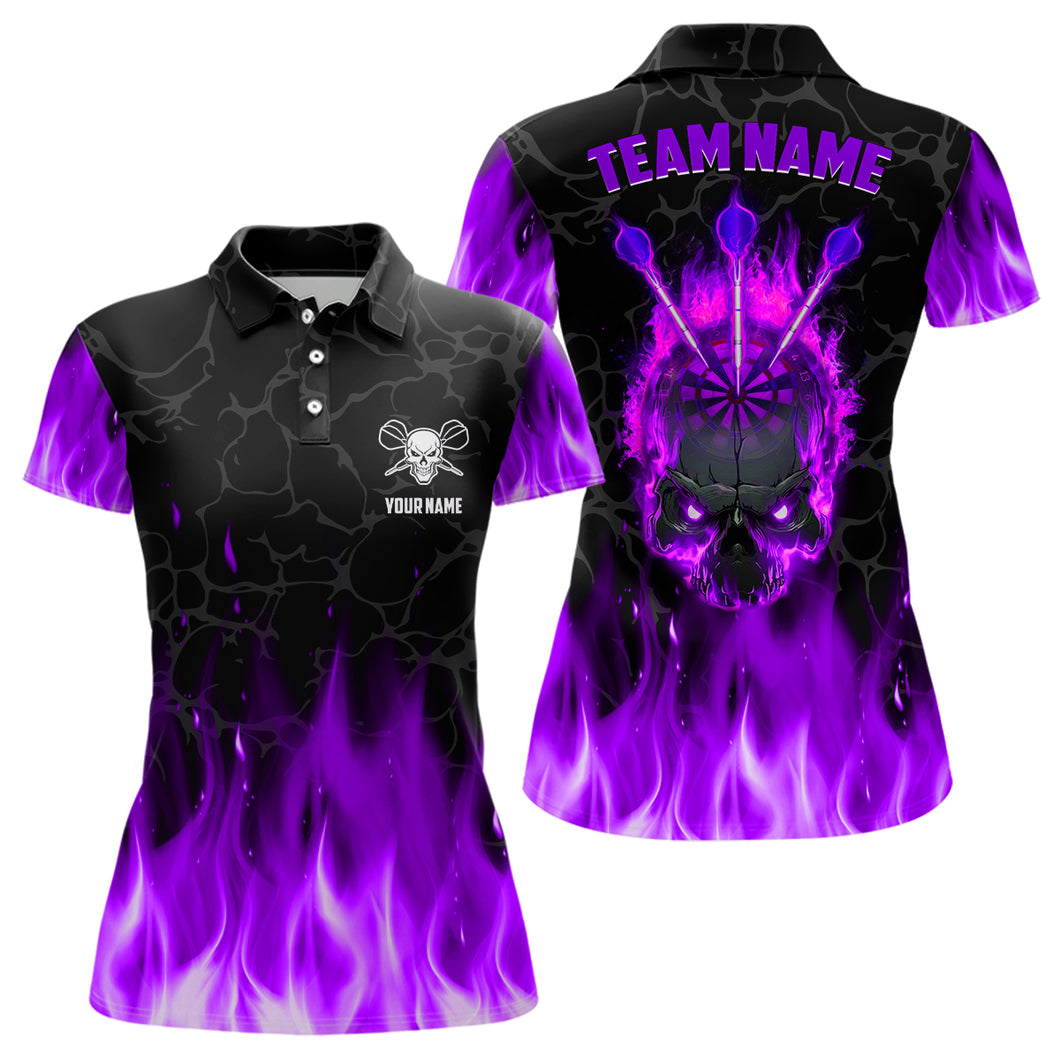 Fire Flame Skull Womens Darts Polo & Quarter Zip Shirt Custom Scary Darts Team Jerseys | Purple TDM2553