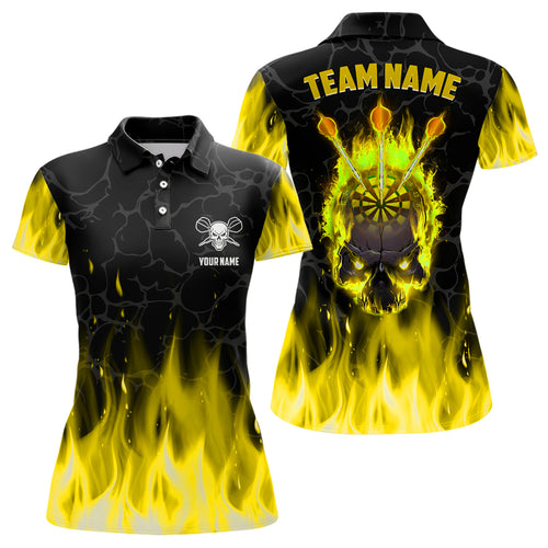 Fire Flame Skull Womens Darts Polo & Quarter Zip Shirt Custom Scary Darts Team Jerseys | Yellow TDM2554