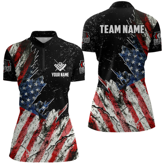 Personalized Grunge Retro American Flag Women Billiard Shirts Custom Patriotic US Billiard Jerseys TDM3291
