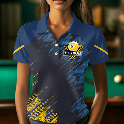 Personalized Blue Yellow 9 Ball Pool Wings Women's Billiard Shirts, 9 Ball Billiard Team Shirt Jersey TDM3776