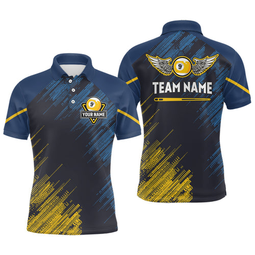 Personalized Blue Yellow 9 Ball Pool Wings Men's Billiard Shirts, 9 Ball Billiard Team Shirt Jersey TDM3776