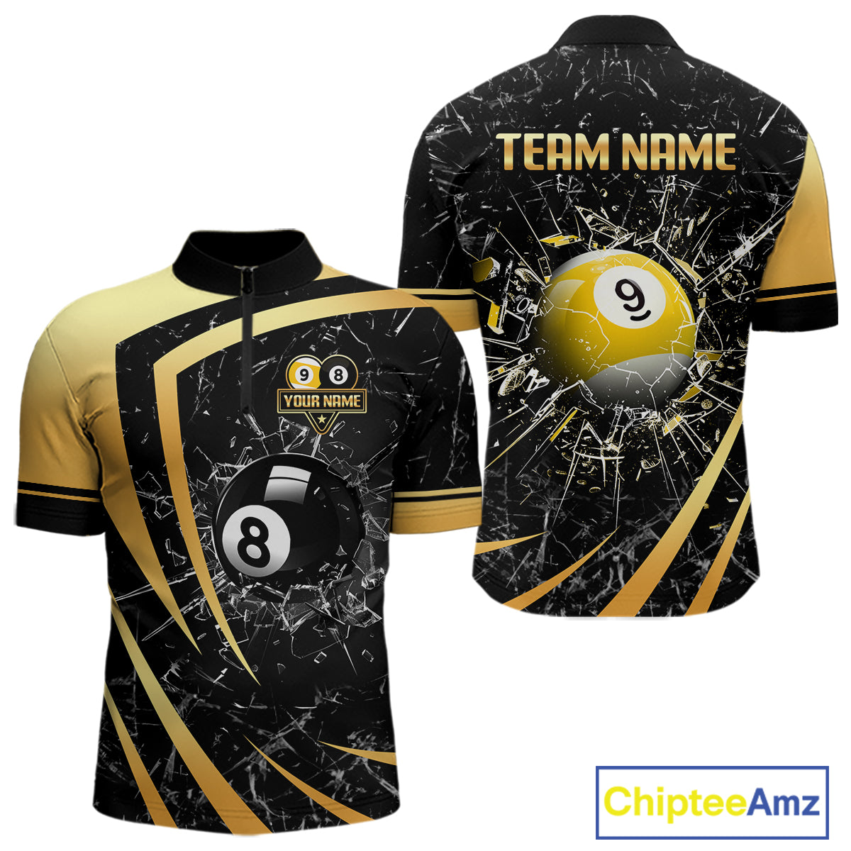 Black And Gold 8 Ball & 9 Ball Glass Break Billiard Shirt For Men Custom Pool Team Jersey Outfit TDM6151