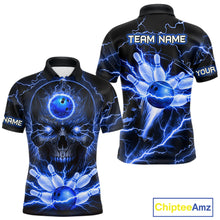 Load image into Gallery viewer, Personalized Lightning Skull Blue Bowling Shirt For Men, Bowling Team Jersey Polo &amp; 1/4 Zip TDM6159