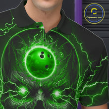 Load image into Gallery viewer, Personalized Lightning Skull Green Bowling Shirt For Men, Bowling Team Jersey Polo &amp; 1/4 Zip TDM6160