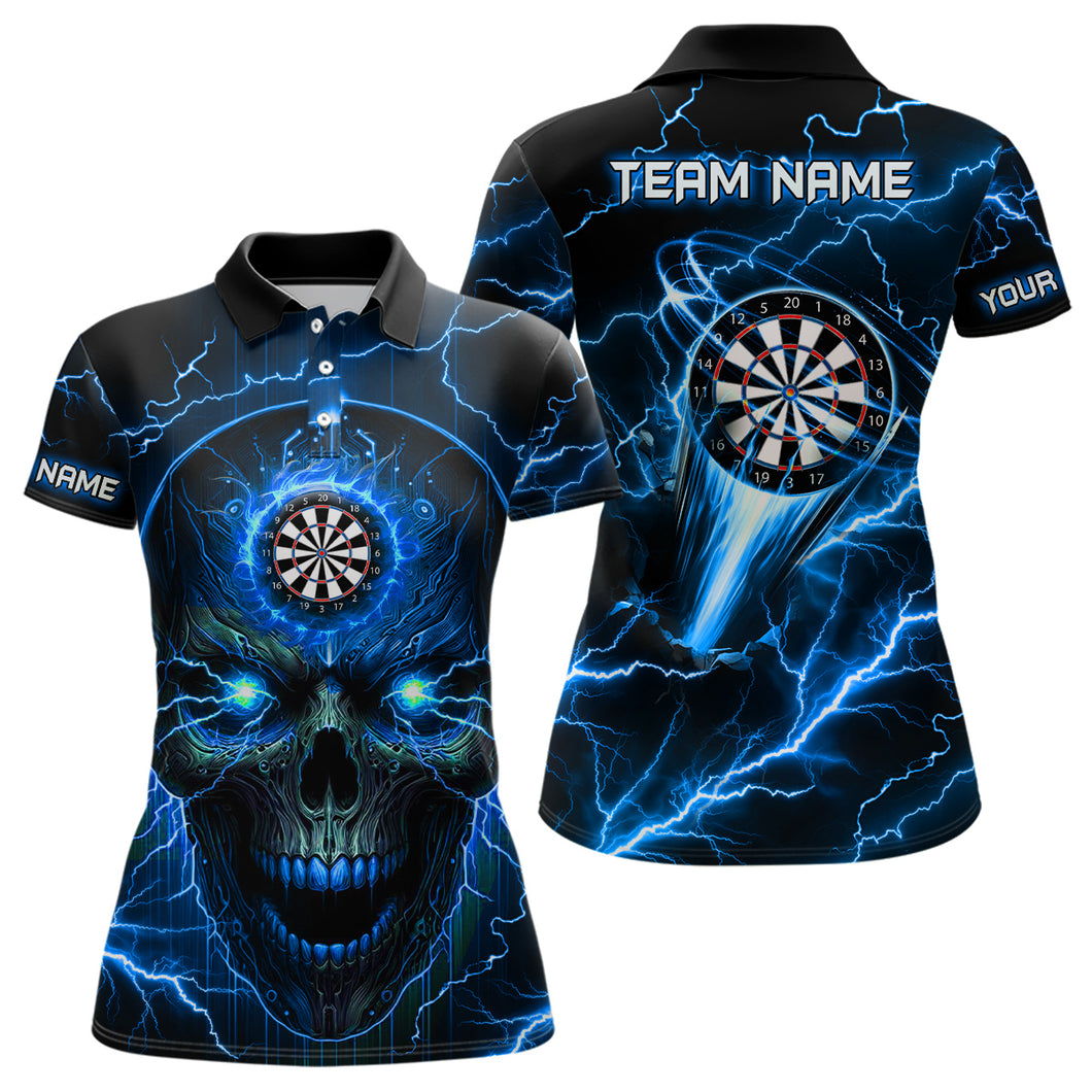 Personalized Blue Darts Skull Women Polo Shirts Custom Lightning Thunder Team League Darts Jersey TDM1511