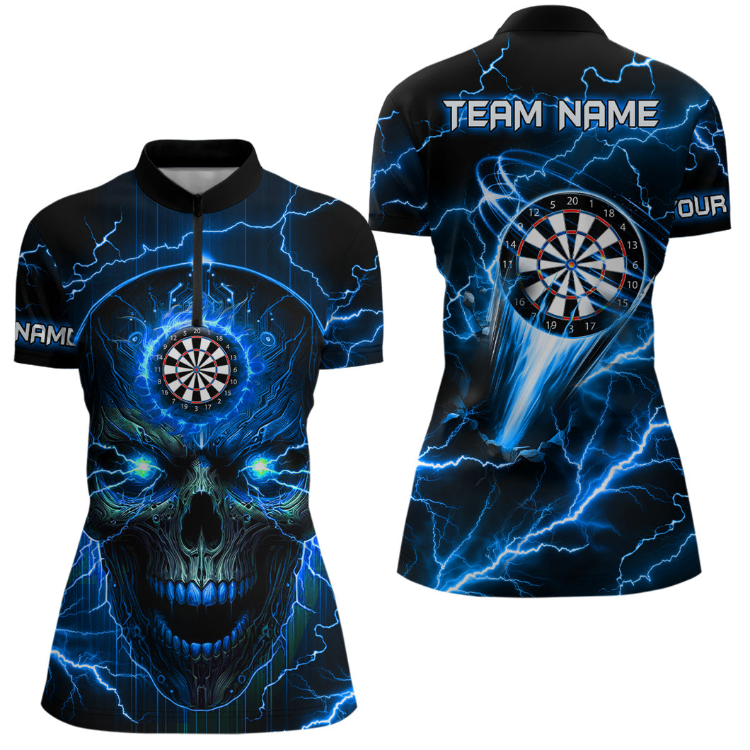 Blue Darts Skull Women Quarter-Zip Shirt Custom Lightning Thunder Team League Darts Jersey TDM1511