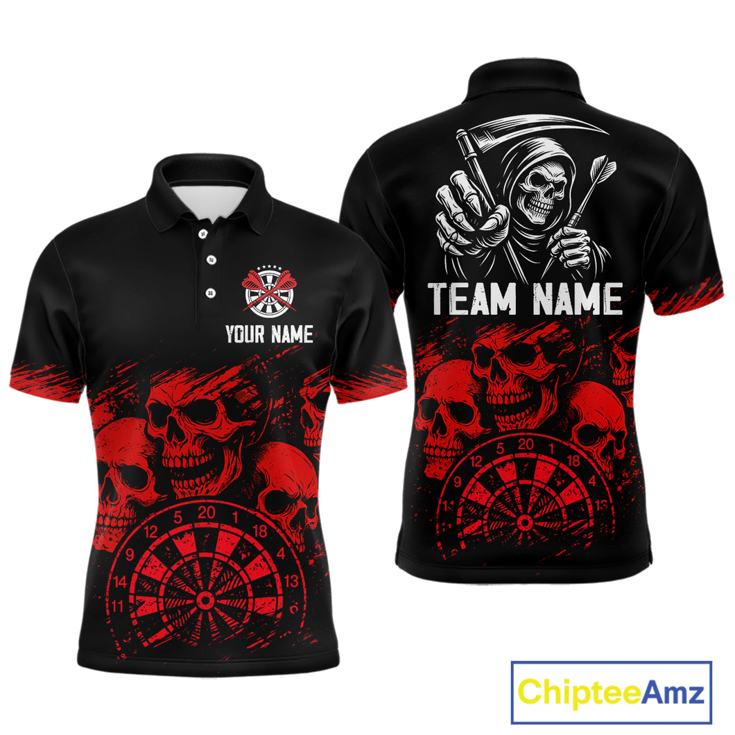 Custom Men's Grim Reaper Dart Shirt – Black Red Grunge Darts Jersey Team Polo & Quarter Zip Styles TDM4067