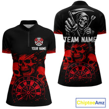 Load image into Gallery viewer, Custom Women&#39;s Grim Reaper Dart Shirt – Black Red Grunge Darts Jersey Team Polo &amp; Quarter Zip Styles TDM4067
