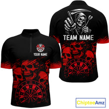 Load image into Gallery viewer, Custom Men&#39;s Grim Reaper Dart Shirt – Black Red Grunge Darts Jersey Team Polo &amp; Quarter Zip Styles TDM4067