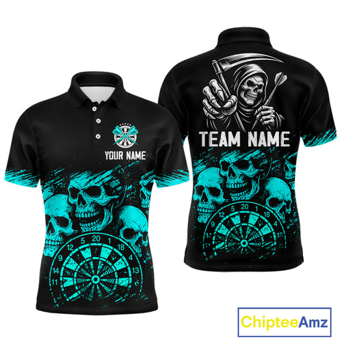 Custom Men's Grim Reaper Dart Shirt – Black Cyan Grunge Dart Jersey Team Polo & Quarter Zip Style TDM4068
