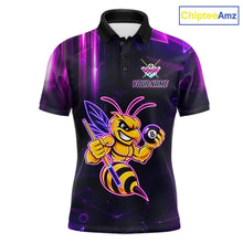 Load image into Gallery viewer, Neon funny bee 8 ball custom billiard polo shirt for men, personalized pool team jersey for tournaments.