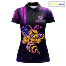 Load image into Gallery viewer, Neon funny bee 8 ball custom billiard polo shirt for women, personalized pool team jersey for tournaments.