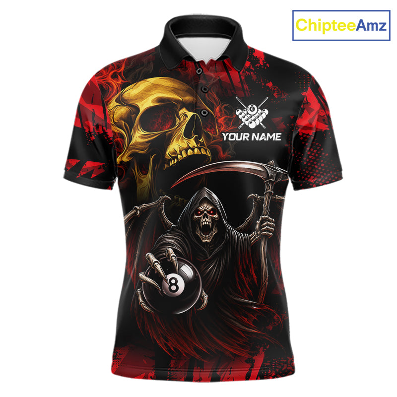 Red Grim Reaper Skull 8 Ball Billiard Pool Polo Shirt Featuring Striking Skull Artwork for Pool League Players, Team Competition, and Tournament Matches