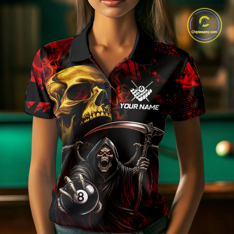 Woman Wearing Red Grim Reaper Skull 8 Ball Billiard Polo Shirt with Athletic Performance Fit and Powerful Skull Graphic Artwork, Front View